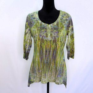 Green Floral graphic Blouse Hi-Low hem Bling jewel collar Unity World Large